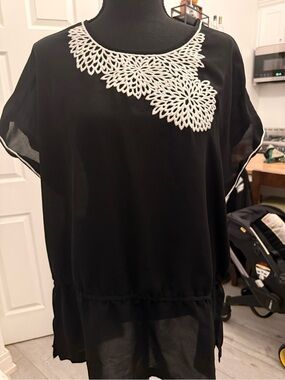 Coldwater Creek Black Blouse with White Crochet Neck Detail